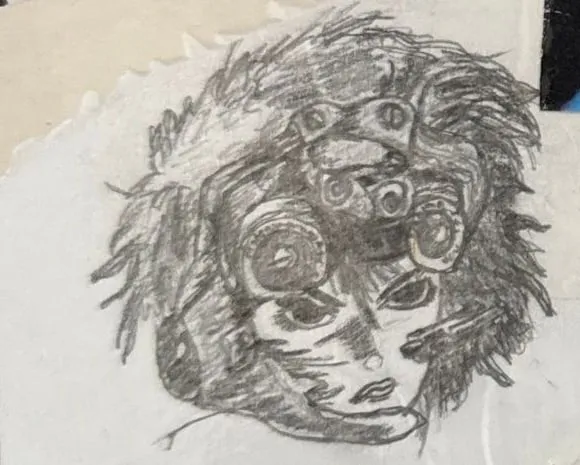 Dibujo a lápiz de una cabeza con el pelo alborotado y unas gafas de visión nocturna.