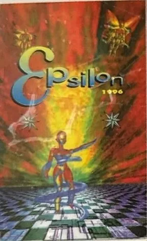 Tarjeta de Epsilon 1996, con una figura sobre un suelo de cuadros.