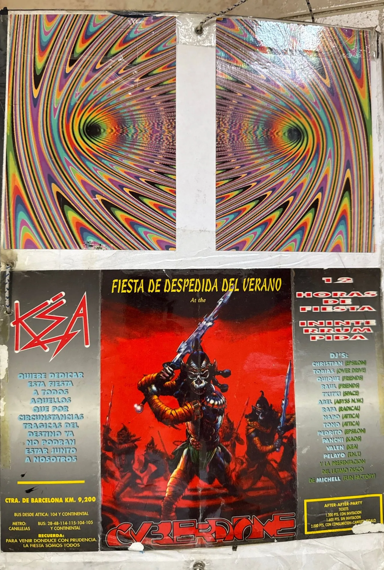 Cartel de KEA de la fiesta de despedida del verano en el Cyberdome, con la lista de DJ y una ilustración de un guerrero con espada.