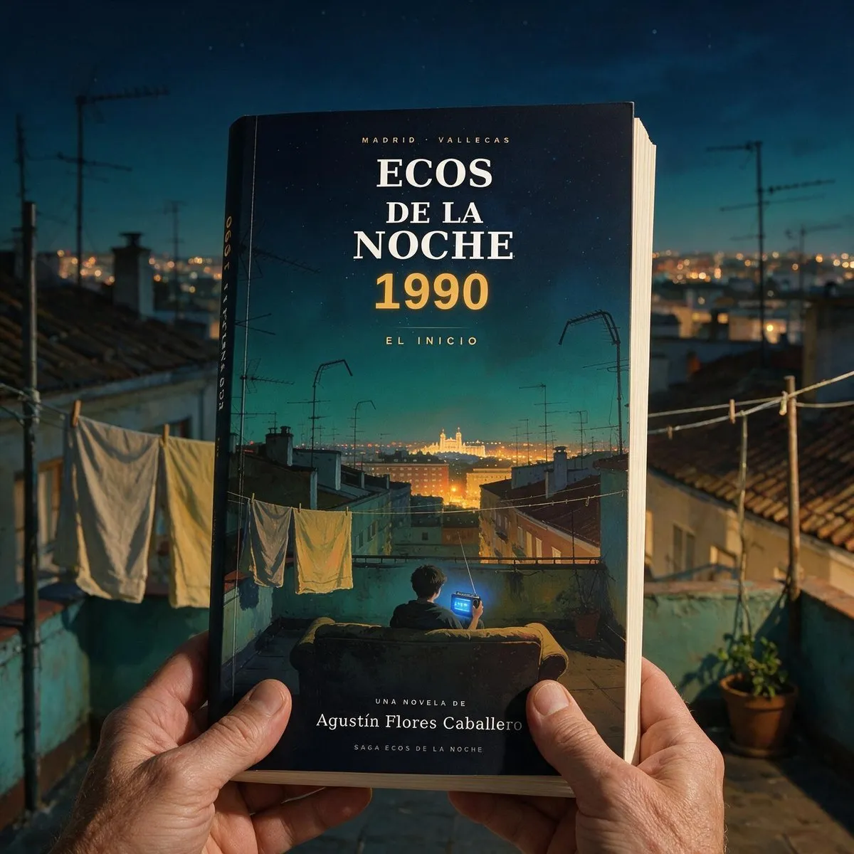 Un ejemplar de Ecos de la Noche 1990 sujetado en las manos, en una azotea de noche