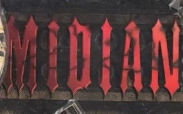 Pegatina de Midian en letras rojas.