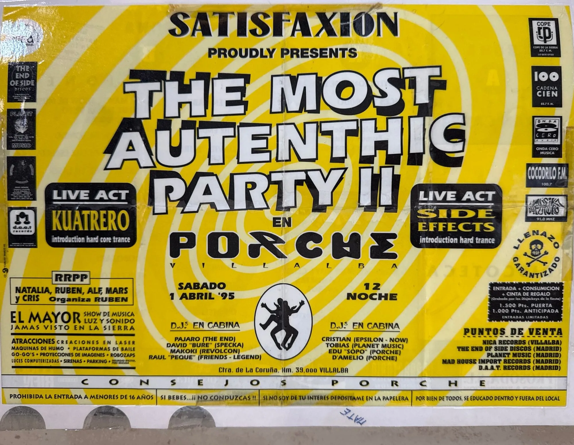 Cartel amarillo de The Most Autenthic Party II en Porche, sábado 1 de abril de 1995, con dos actuaciones en directo y la lista de DJ.