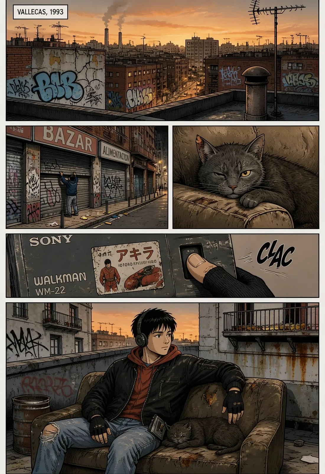 Página de cómic: azoteas de Vallecas en 1993, un walkman con una cinta de Akira y un chico en un sofá con su gato