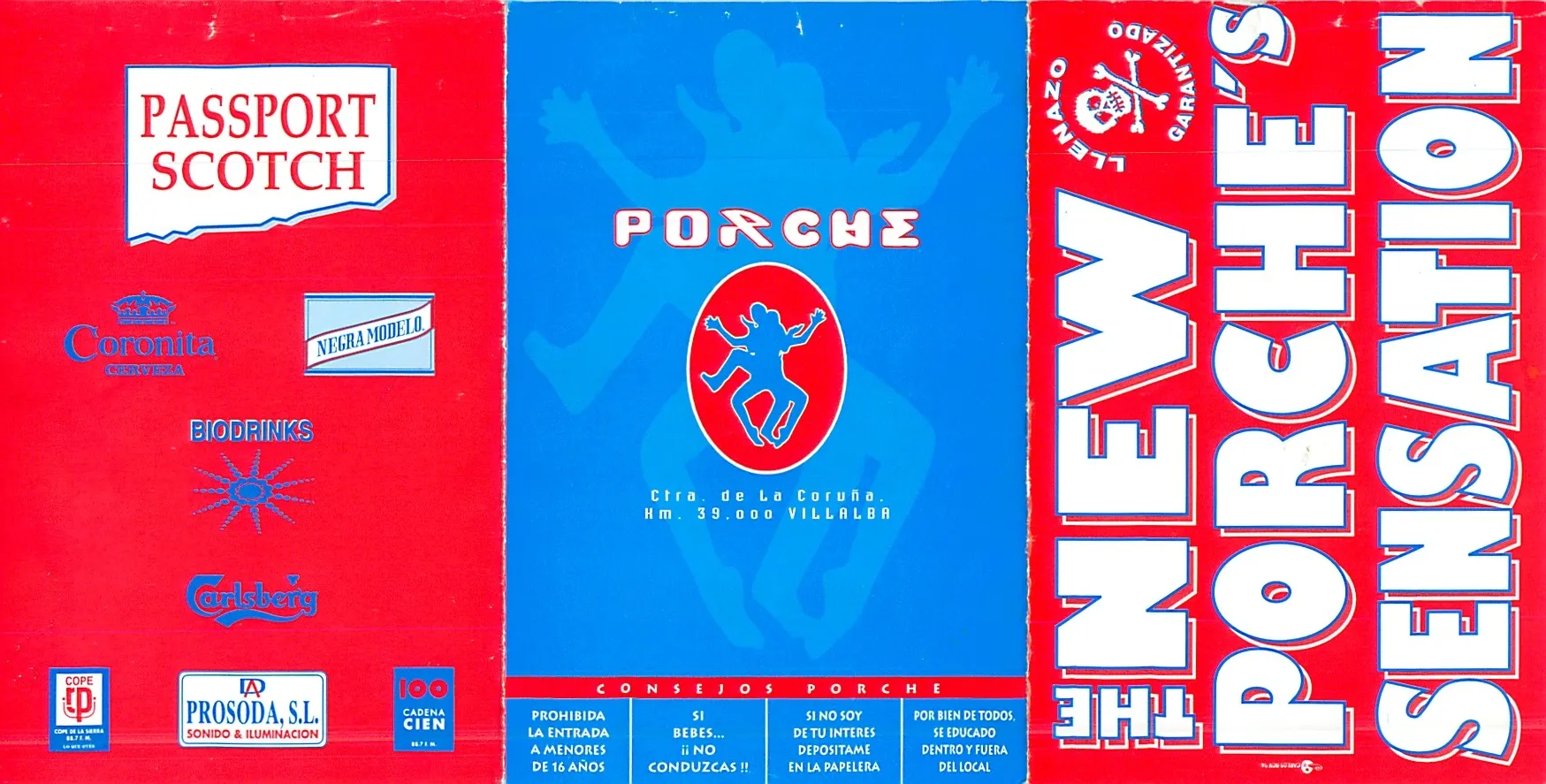 Exterior del mismo tríptico de Porche, en rojo y azul, con los patrocinadores, la dirección y el lema The New Porche’s Sensation.